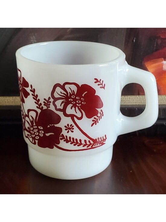 Anchor Hocking Other - Anchor Hocking Milk Glass Mug Red Hibiscus Flowers Floral Stackable Vintage